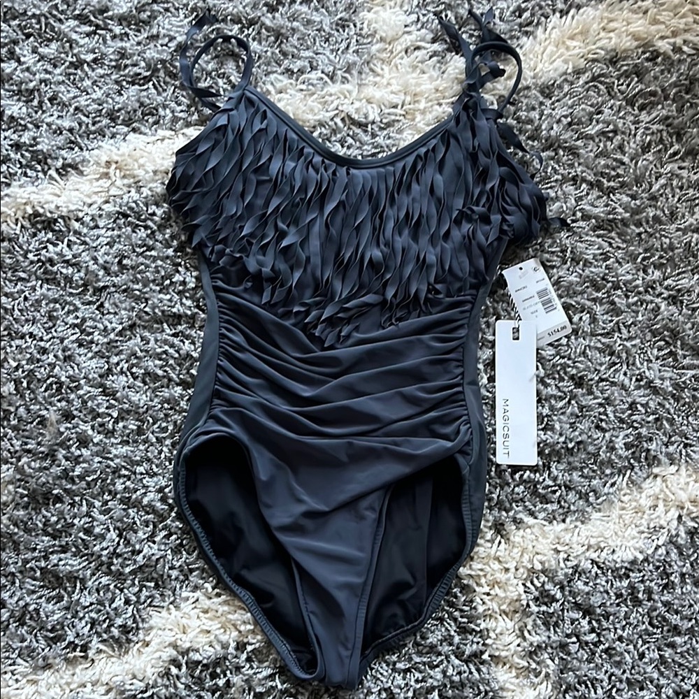 Magicsuit Gray Ruffled Neckline Swimsuit